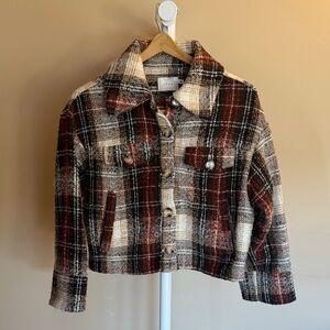Lush Brand Brown and Cream Plaid Fabric Lightweight Cropped Jacket